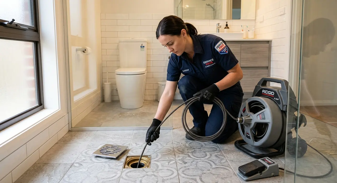 Technician clearing a bathroom floor drain for Clogged Drain Repair in Jackson